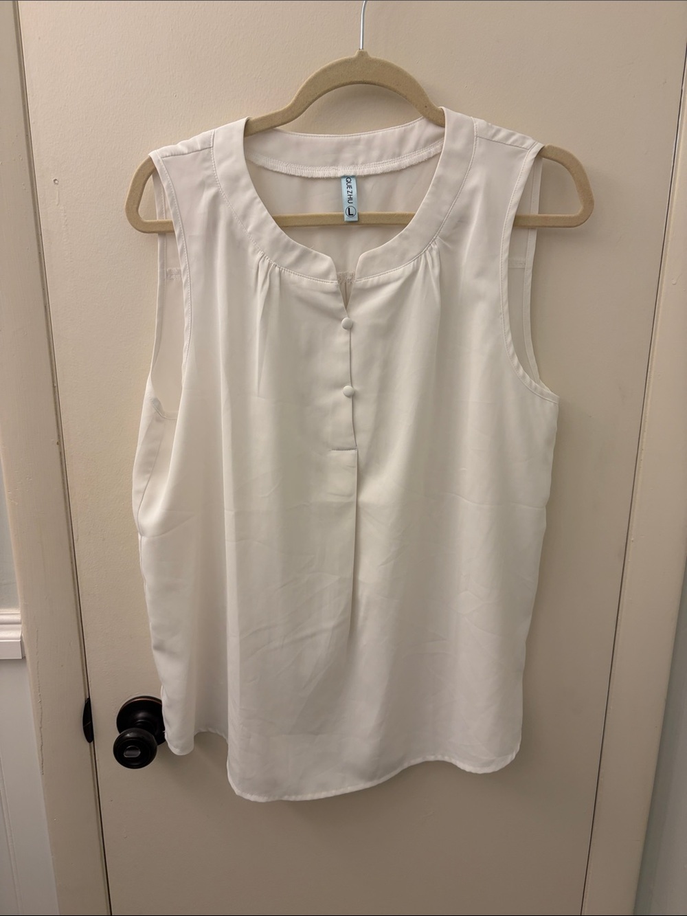 Lightweight Cream Sleeveless Button-Front Blouse by QueZhu
